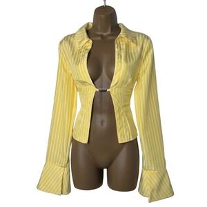 New Small Yellow Striped‎ Open Front 90's Y2k Blouse Long Flare Sleeve Clasp Top